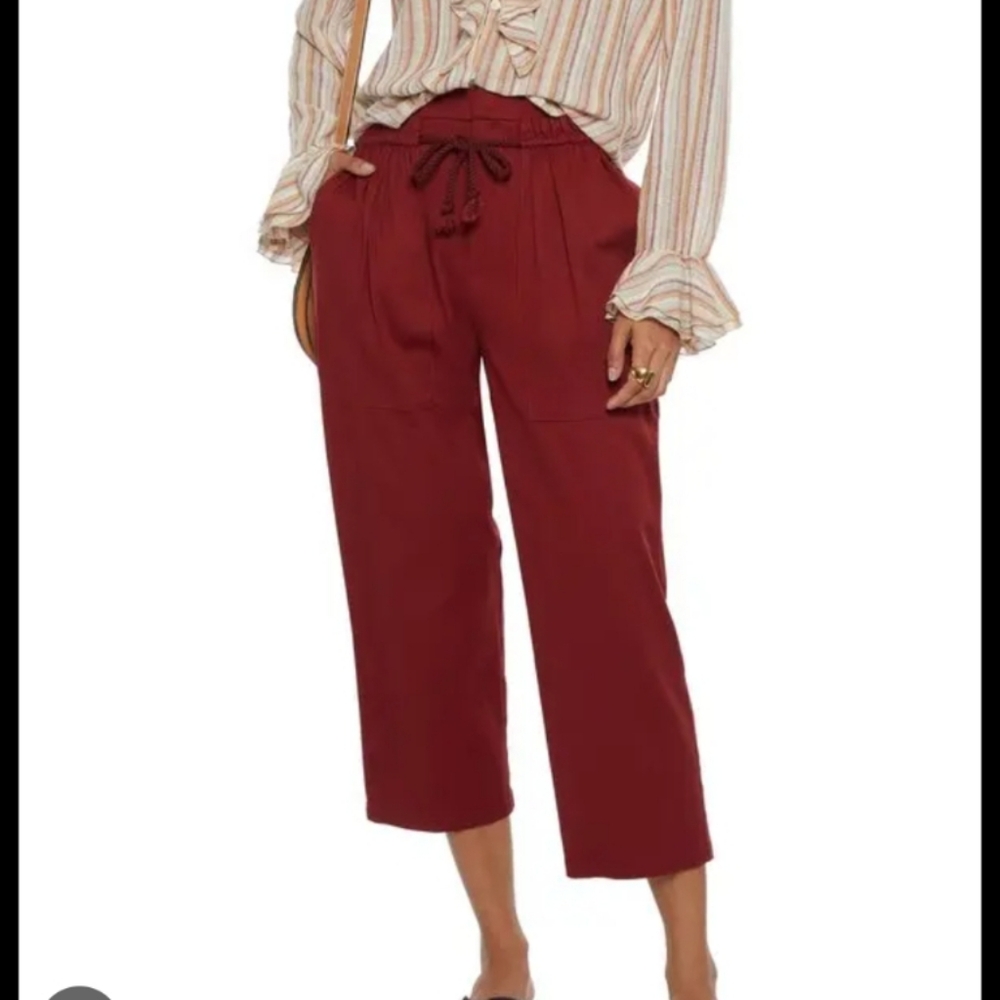 See By Chloe Twill Straight Leg Ankle Pant Gathered Waist Size 42